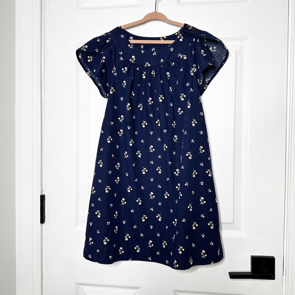 Hanna Andersson Girls Dress Size 140 US 10 Navy Blue Floral Print Cotton Casual